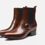 Handmade men brown ring harness boots, men cuban heel leather dress boots-1