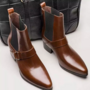 Handmade men brown ring harness boots, men cuban heel leather dress boots-2