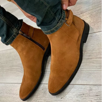 Handmade men tan suede jodhpur boots, formal dress zipper ankle boots for mens