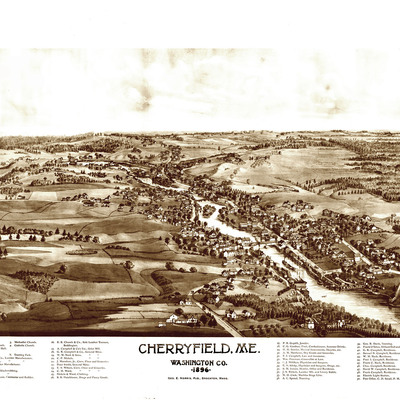 Cherryfield, maine in 1896 - bird's eye view map, aerial, panorama, vintage, antique, reproduction, giclée, framable, fine art