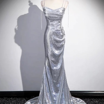 Silver sequins floor length prom dress, mermaid spaghetti strap evening dress - Thumbnail 1
