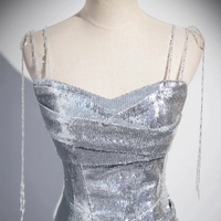 Silver Sequins Floor Length Prom Dress, Mermaid Spaghetti Strap Evening Dress - Thumbnail 1