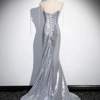 Silver Sequins Floor Length Prom Dress, Mermaid Spaghetti Strap Evening Dress - Thumbnail 4