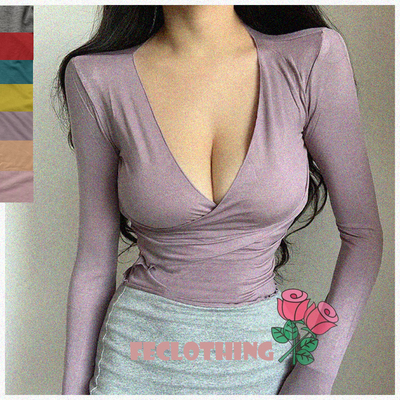 Modal V-neck cross-trimmed long-sleeved T