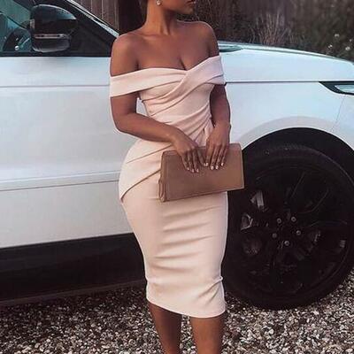 Sexy sheath off the shoulder blush satin prom dresses，1789