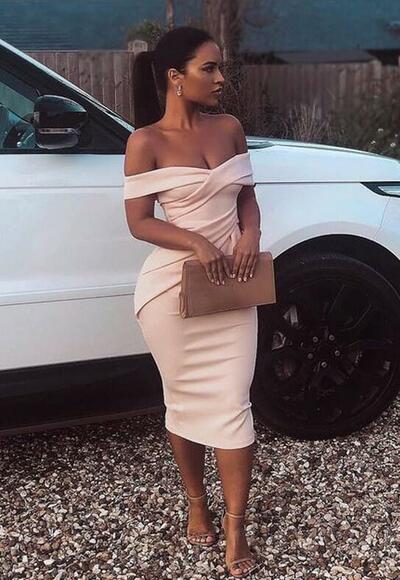 Sexy Sheath Off the Shoulder Blush Satin Prom Dresses，1789
