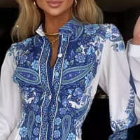 Fashion Long Sleeved Blue Printed Dress - Thumbnail 1