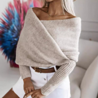 Long Sleeved Elegant Temperament Cross One Shoulder Sweater - Thumbnail 1