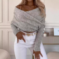 Long Sleeved Elegant Temperament Cross One Shoulder Sweater - Thumbnail 2