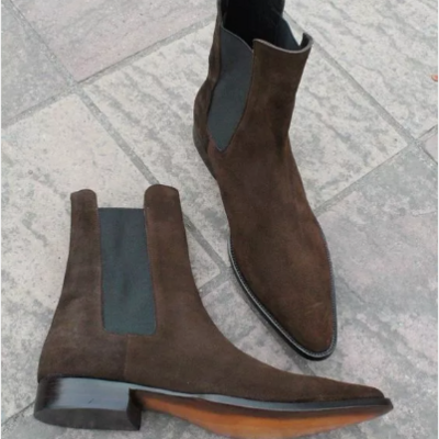 Handmade men brown suede chelsea boots, suede dress office boots for mens