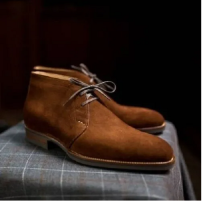 Handmade Men Brown Suede Leather Ankle Boots, Brown Derby Lace up Boots