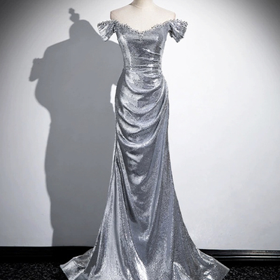 Silver sequins long prom dress, mermaid off the shoulder evening dress - Thumbnail 2