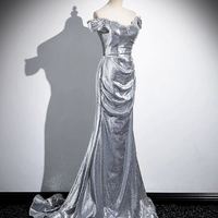 Silver Sequins Long Prom Dress, Mermaid Off the Shoulder Evening Dress - Thumbnail 1