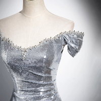 Silver Sequins Long Prom Dress, Mermaid Off the Shoulder Evening Dress - Thumbnail 2