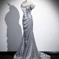 Silver Sequins Long Prom Dress, Mermaid Off the Shoulder Evening Dress - Thumbnail 3