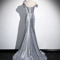 Silver Sequins Long Prom Dress, Mermaid Off the Shoulder Evening Dress - Thumbnail 4