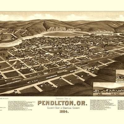 Pendleton, oregon in 1884 - bird's eye view map, aerial map, panorama, vintage map, antique map, reproduction, giclée, fine art, wall art