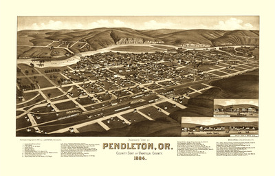 Pendleton, Oregon in 1884 - Bird's Eye View Map, Aerial Map, Panorama, Vintage map, Antique map, Reproduction, Giclée, Fine Art, Wall Art