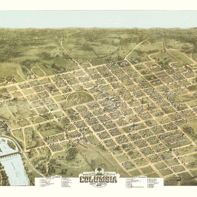 Columbia, south carolina in 1872 - bird's eye view, map, aerial, panorama, vintage, antique, fine art, wall art