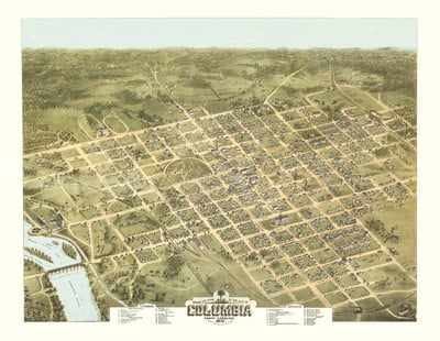 Columbia, South Carolina in 1872 - Bird's Eye View, Map, Aerial, Panorama, Vintage, Antique, Fine Art, Wall art