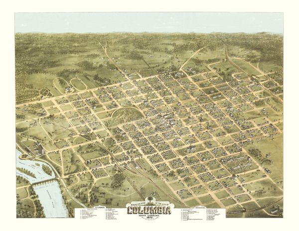 Columbia, South Carolina in 1872 - Bird's Eye View, Map, Aerial, Panorama, Vintage, Antique, Fine Art, Wall art