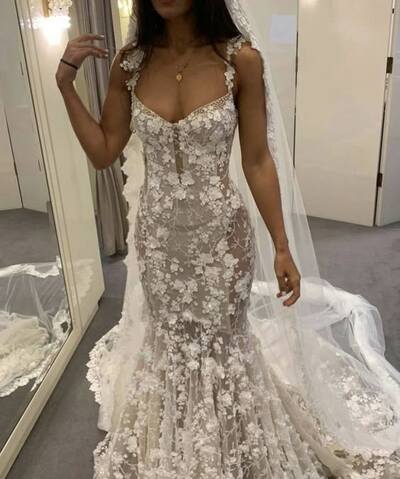 Elegant Mermiad Tulle Lace Appliques Wedding Dress Bridal Gown