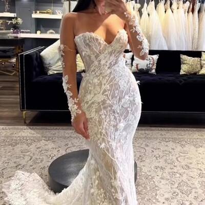 Elegant mermaid sweetheart tulle lace appliques wedding dress bridal gown