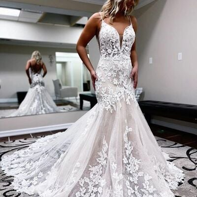 Elegant mermaid tulle lace appliques wedding dress bridal gown