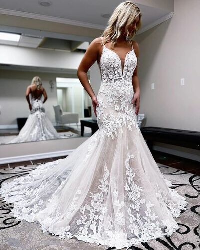 Elegant Mermaid Tulle Lace Appliques Wedding Dress Bridal Gown