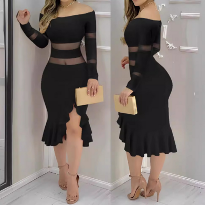 Long sleeved mesh splicing one shoulder dress