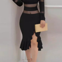 Long Sleeved Mesh Splicing One Shoulder Dress - Thumbnail 1