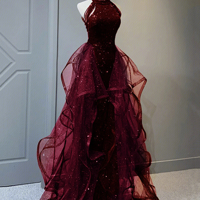 Burgundy tulle sequins long a-line halter prom party dress - Thumbnail 1