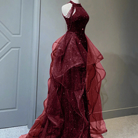 Burgundy Tulle Sequins Long A-Line Halter Prom Party Dress - Thumbnail 1