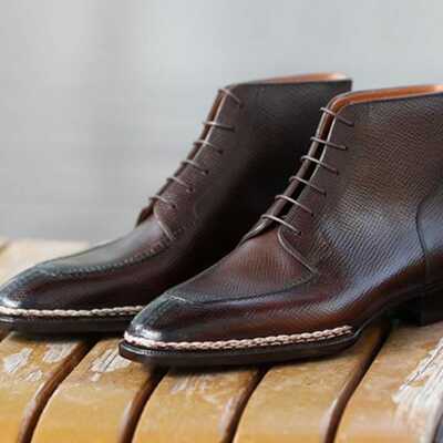 Handmade brown genuine leather ankle high lace up boot - Thumbnail 1