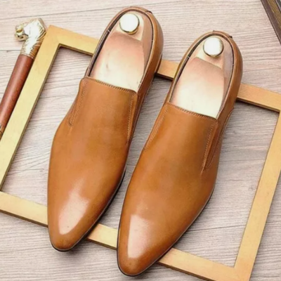 Handmade men's tan round toe moccasin dress office shoes, real leather shoes
