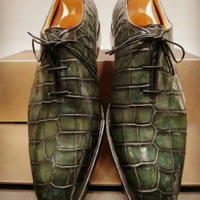 Handmade men green crocodile textured shoes, leather dress shoes for men, formal