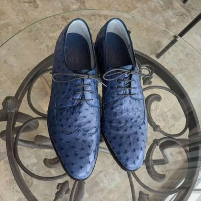 New handmade pure cow leather blue with ostrich texture stylish shoes for men's