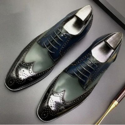 Handmade men's wing tip brogue cap toe lace up dress shoes, real leather shoes