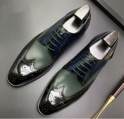 Handmade Men's Wing Tip Brogue Cap Toe Lace Up Dress Shoes, Real Leather Shoes