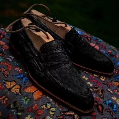 Handmade men black ostrich print leather dress shoes , business dress shoes mens