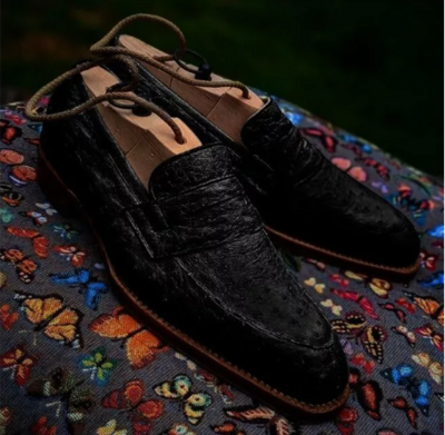 Handmade Men Black Ostrich Print Leather Dress Shoes , Business dress Shoes mens