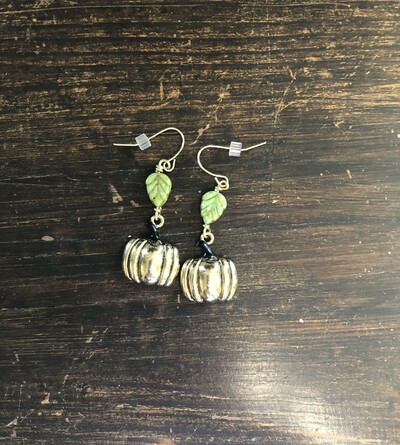 Green Leaf Pumpkin Earrings 