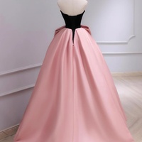 Black Velvet and Pink Satin Floor Length Prom Party Dress wit Bow - Thumbnail 2
