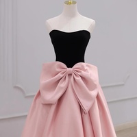 Black Velvet and Pink Satin Floor Length Prom Party Dress wit Bow - Thumbnail 3
