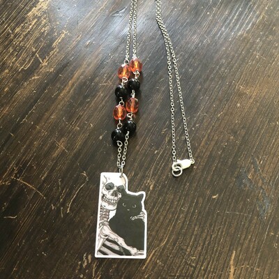 Halloween skeleton and black cat necklace