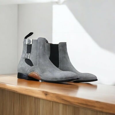 Handmade cow-hide suede leather double buckle long boots for men, chelsea exotic 