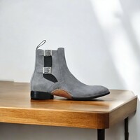Handmade Cow-Hide Suede Leather Double Buckle Long Boots For Men, Chelsea Exotic  - Thumbnail 1