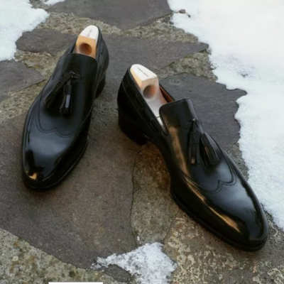 Black leather moccasin shoes with tassels, black leather office loafer shoes