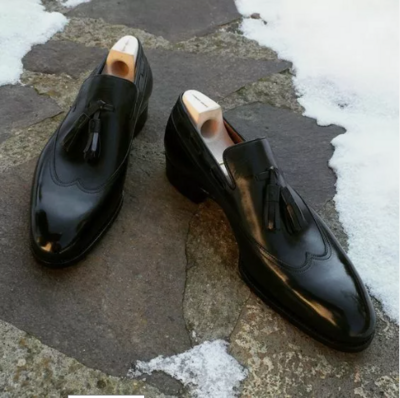 Black Leather Moccasin Shoes with tassels, Black Leather Office Loafer Shoes