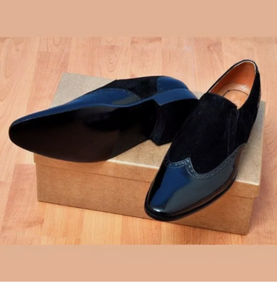 Handmade men black patent shoes, men suede leather dress shoes, formal shoes men